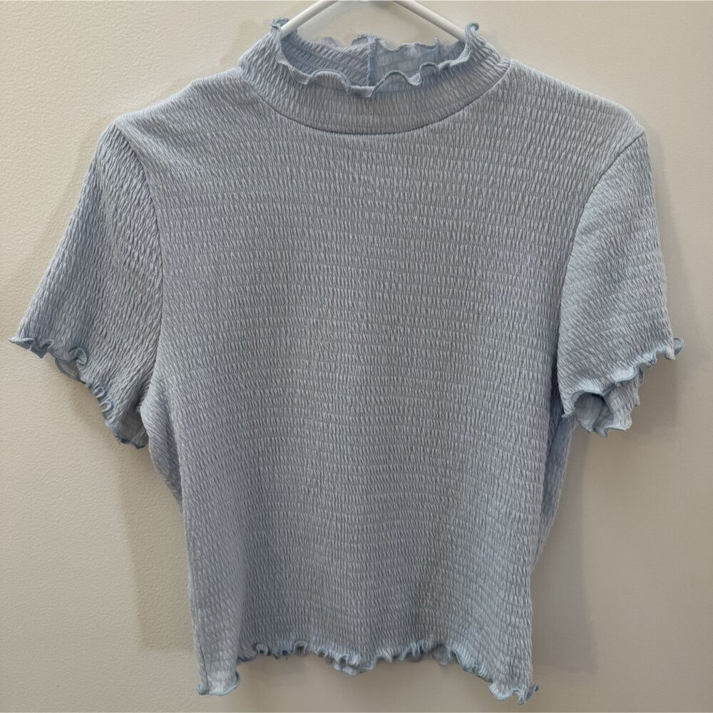 Altar'd State Blue Smocked Ruffle Trim Short Sleeve Top L